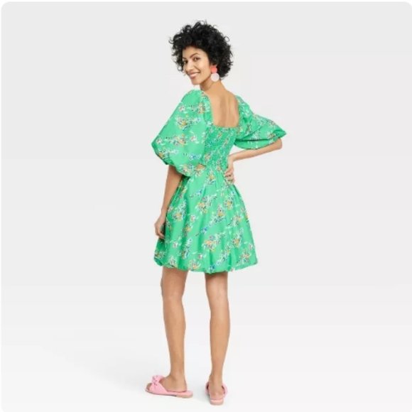 Women's Puff Short Sleeve Cut Out Bubble A-Line Dress - A New Day™Green Floral 3 - Picture 2 of 6